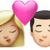 👩🏼‍❤️‍💋‍👨🏻 kiss: woman, man, medium-light skin tone, light skin tone display on Apple